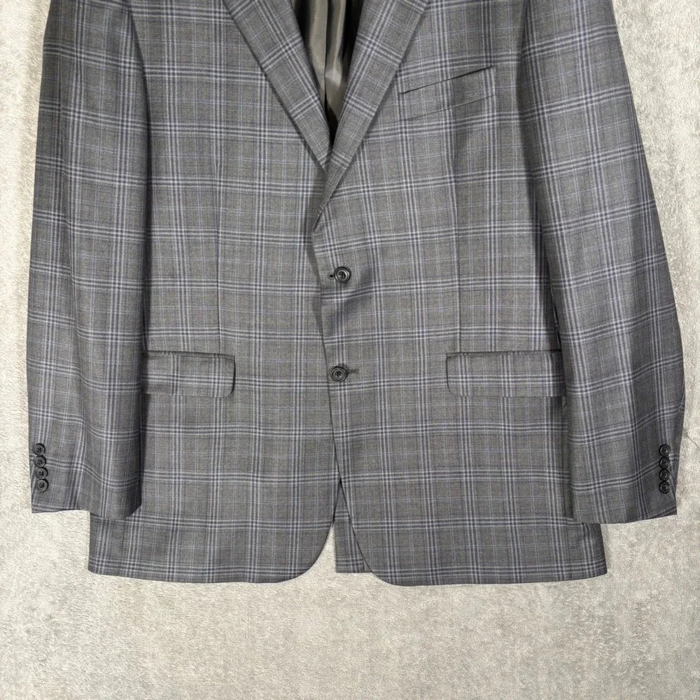 Hickey Freeman Lawrence Mens 46L Gray Blue Plaid Wool 2‎ Button Blazer Jacket